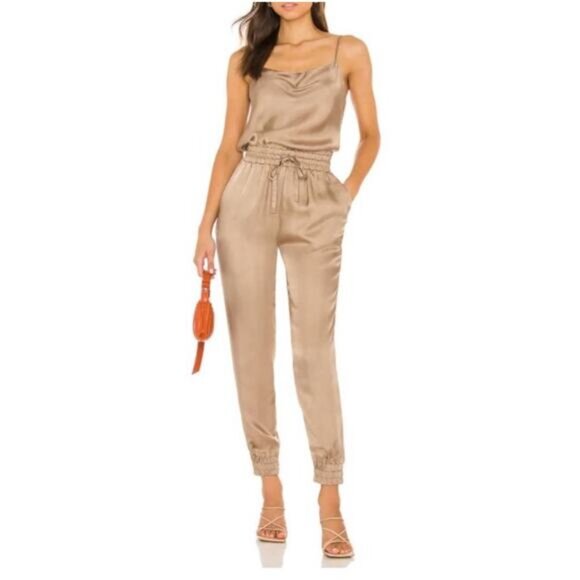 Cinq A Sept Gold Beige Women's Jogger Jumpsuit Size S Spaghetti Strap - Picture 1 of 16